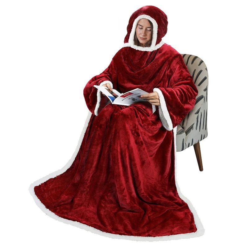 Tirrinia Hood Wearable Blanket for Adult Women and Men, Super Soft Comfy Warm Plush Throw with Sleeves TV Blanket Wrap Robe Hoodie Cover for Sofa, Couch 72" x 55"