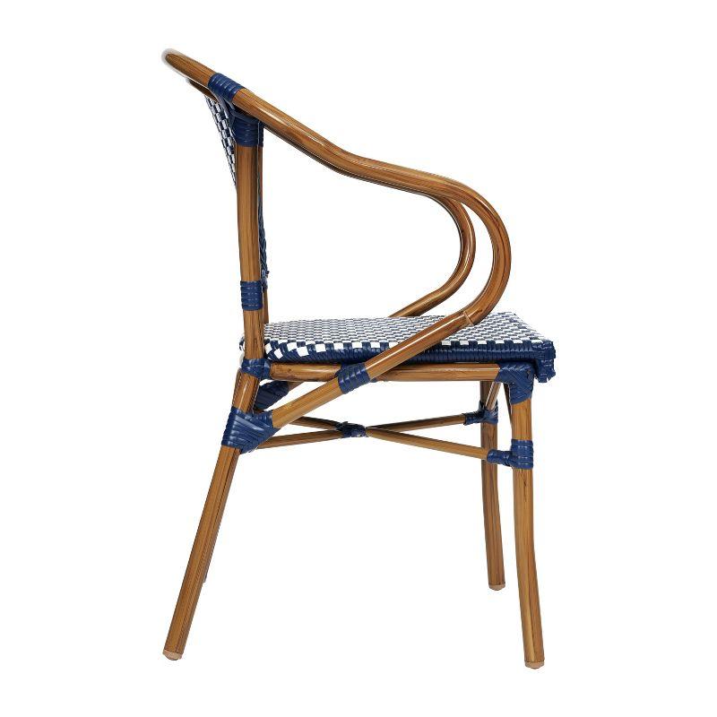 Flash Furniture 4 PK Bordeaux Indoor/Outdoor Commercial Bistro Stacking Chair w/ Arms, Navy & White PE Rattan & Bamboo Print Aluminum Frame in Natural