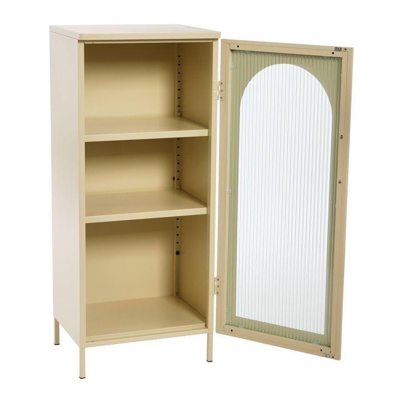 Storied Home Solstice Narrow Metal Accent Cabinet: Arched Glass, Off-White Display Storage