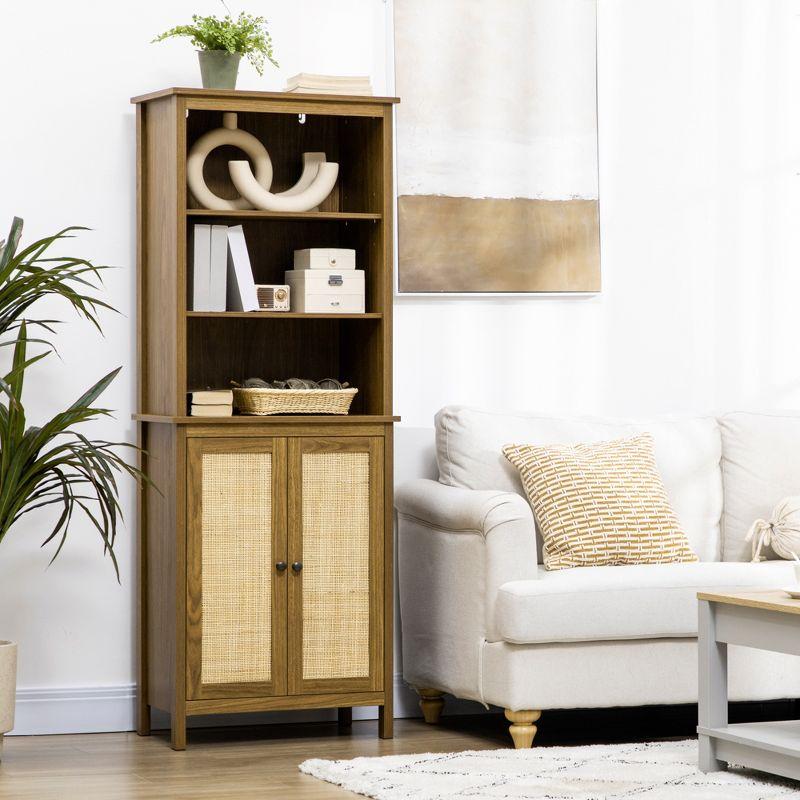 Rustic Walnut Wood Bookcase with Adjustable Rattan Shelves
