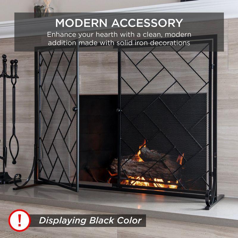 Best Choice Products 44x33in 2-Panel Handcrafted Wrought Iron Geometric Fireplace Screen w/ Magnetic Doors