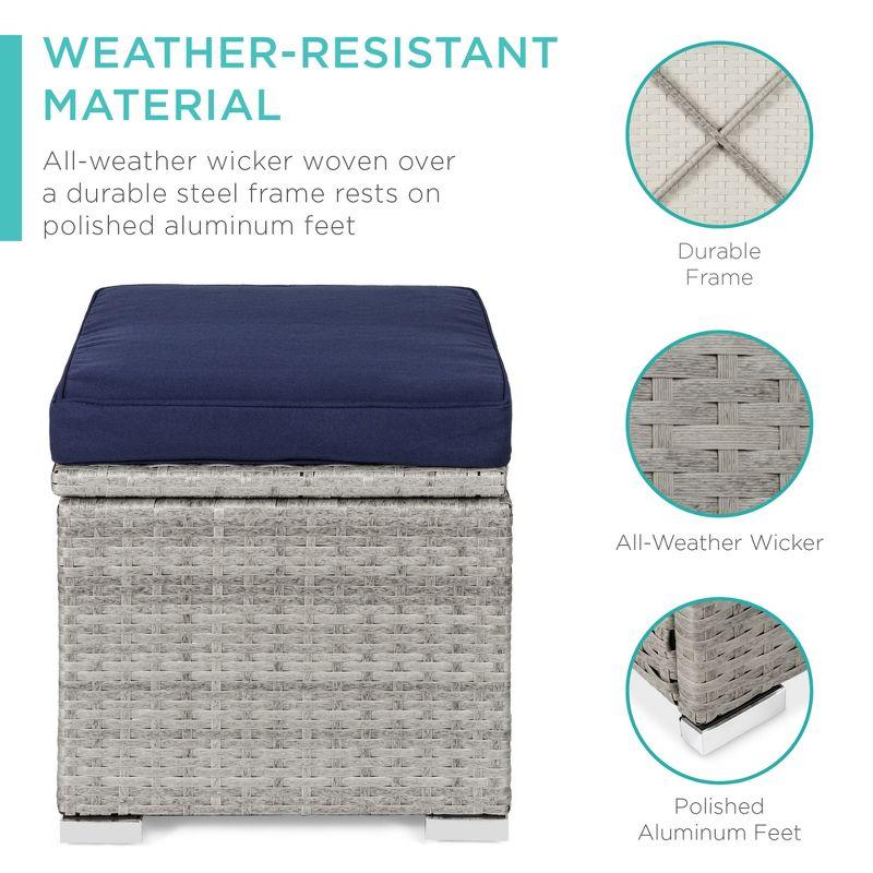 Gray and Navy Wicker Outdoor Ottomans with Cushions and Storage