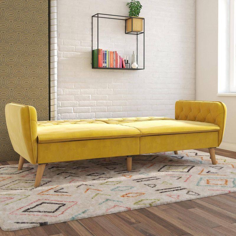 Tallulah Memory Foam Futon and Sofa Bed Mustard Yellow - Novogratz: Velvet Upholstery, Split-Back Design, Wooden Legs
