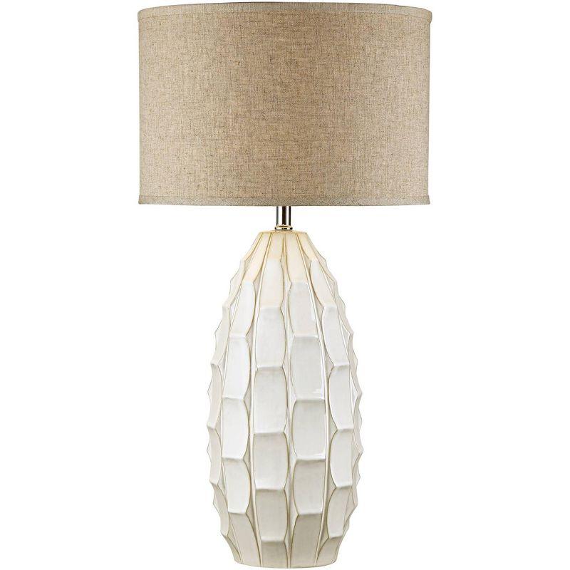 Possini Euro Design Cosgrove Modern Mid Century Table Lamp 32 3/4" Tall White Glazed Ceramic Beige Fabric Drum Shade for Bedroom Living Room Bedside