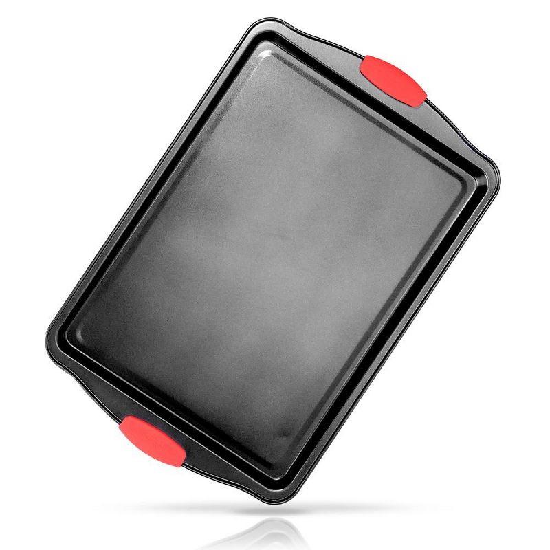 Large Black Nonstick Carbon Steel Cookie Sheet with Red Silicone Handles