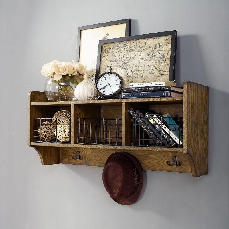 Fremont Espresso Wall-Mounted Entryway Shelf with Coat Hooks and Storage Baskets