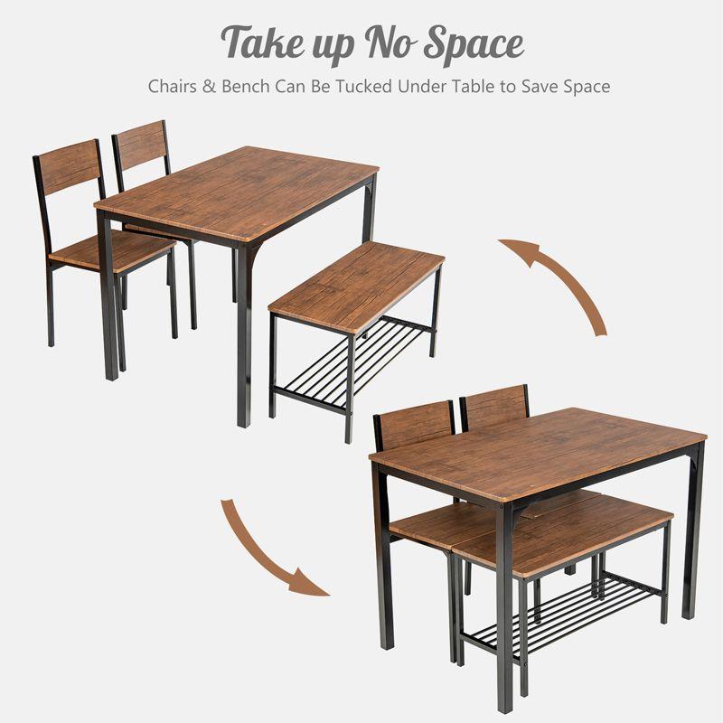 Costway 4pcs Dining Table Set Rustic Desk 2 Chairs & Bench w/ Storage Rack Brown