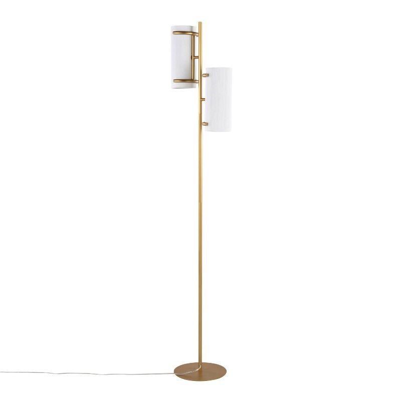 LumiSource Rhonda Floor Lamp: Dual Can Lights, White Plastic Shades, Gold Metal Base, 71" Height