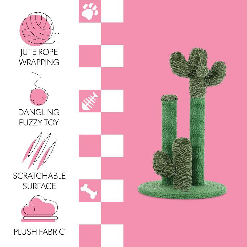 Marfa 25.25" Modern Jute Triple-Cactus Cat Scratching Post with Fuzzy Toy, Green