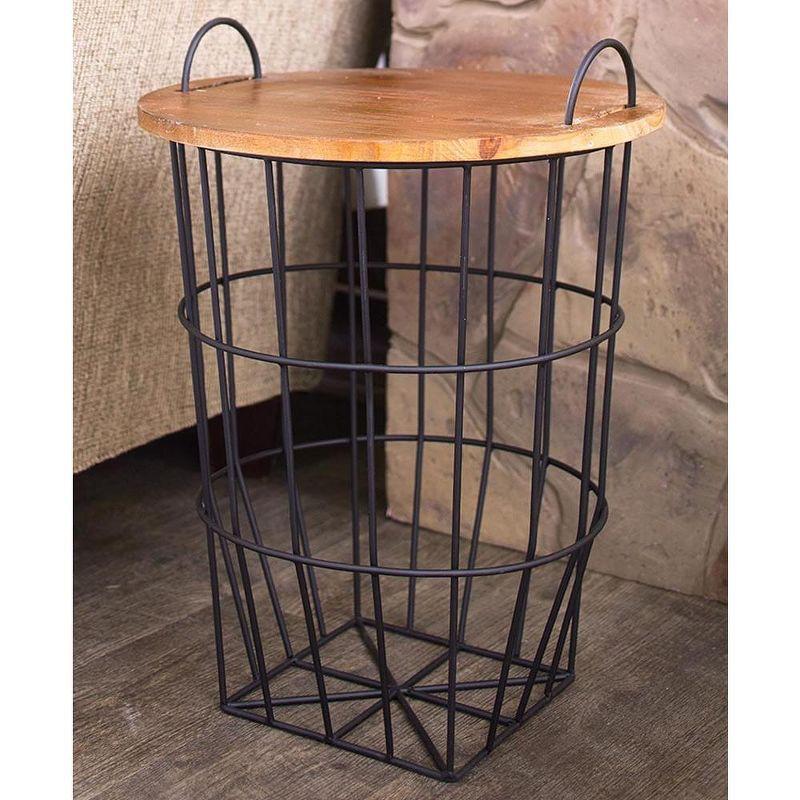 The Lakeside Collection Metal Storage Basket Side Table with Carrying Handles and Wooden Lid