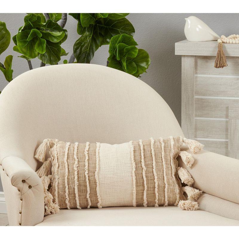 Ivory and Beige Striped Tassel Rectangular Pillow