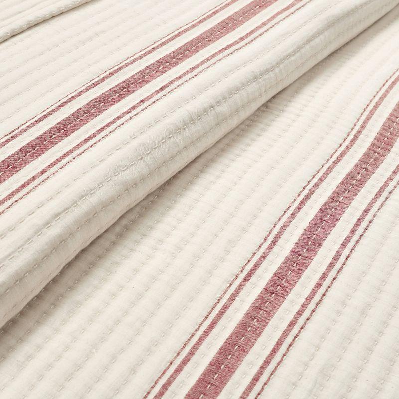 Lush Décor Full/Queen Farmhouse Stripe Kantha Pick Stitch Yarn Dyed Cotton Woven Single Quilt/Coverlet Red: Reversible, OEKO-TEX Certified