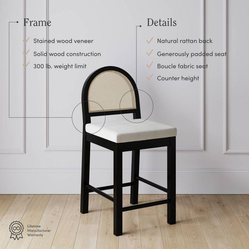 Nathan James Bailey Curved Back Counter Height Barstool Black Wood Oak Rattan Cream Boucle: Elegant 24in Seat, Rubberwood Frame