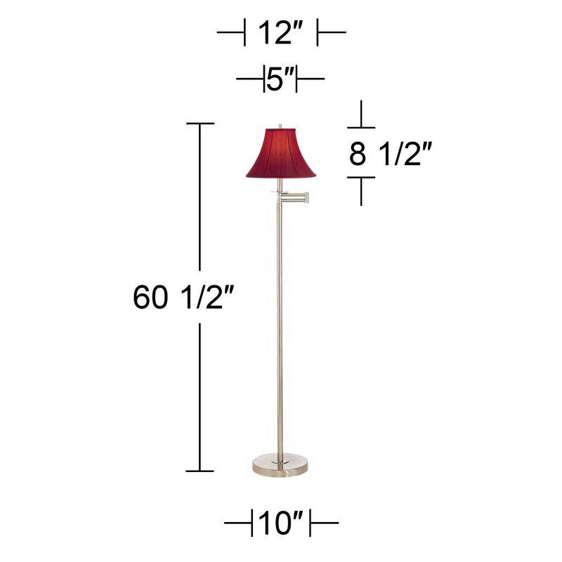 360 Lighting Modern Swing Arm Floor Lamp 60.5" Tall Brushed Nickel Red Silk Dupioni Bell Shade for Living Room Reading Bedroom Office
