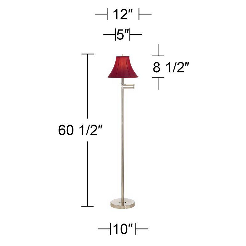 Brushed Nickel Swing Arm Floor Lamp with Red Silk Shade