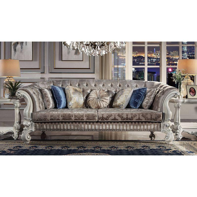 76" Versailles Sofa Ivory Fabric & Bone White Finish - Acme Furniture: Crescent, Nailhead Trim, Leather