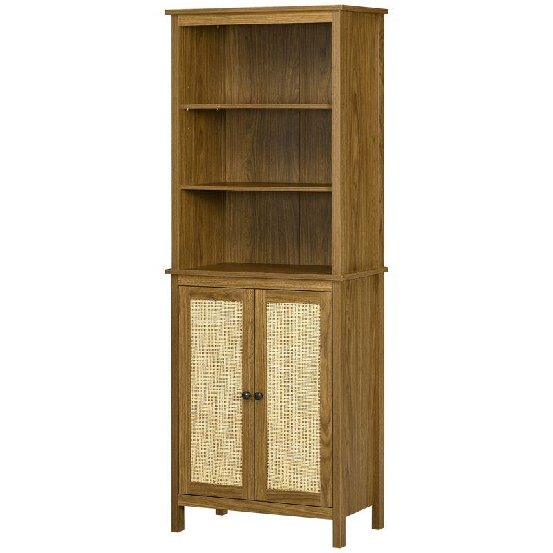 Rustic Walnut Wood Bookcase with Adjustable Rattan Shelves