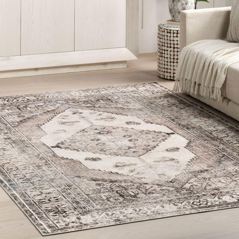 Nuloom Gladys Pet Friendly Machine Washable Vintage Medallion Area Rug, 4' x 6', Light Grey