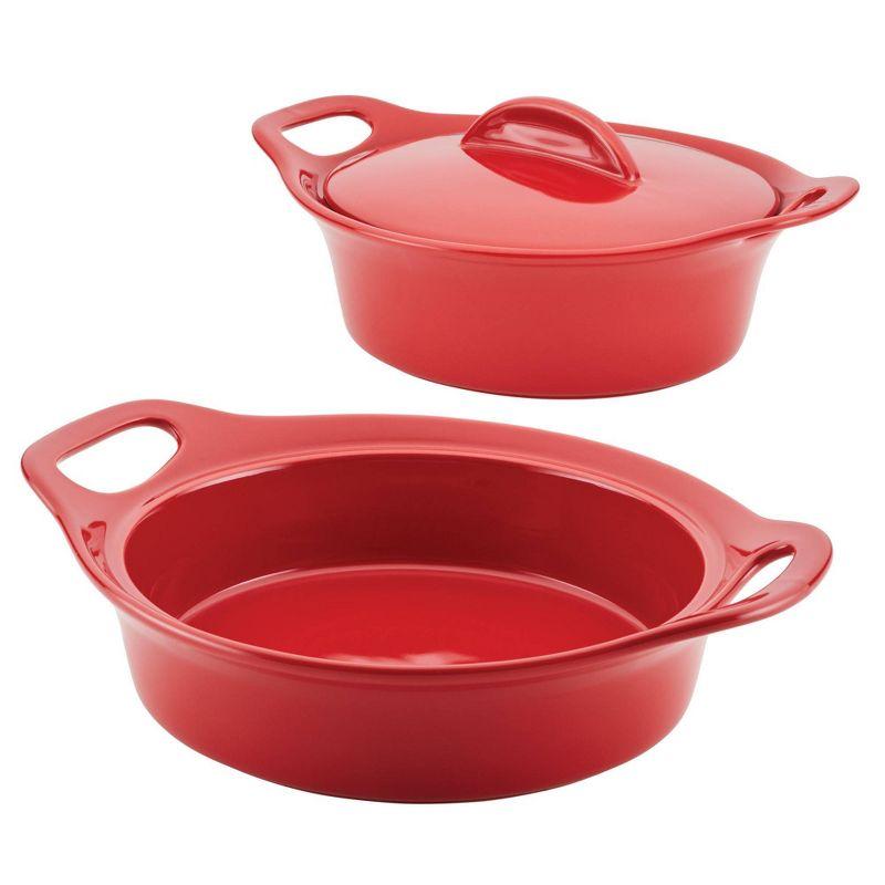 Rachael Ray Ceramic Casserole Bakers Set, Includes 1.5-Quart And 2-Quart Round Casserole, With Shared Lid, 3 Piece, Red