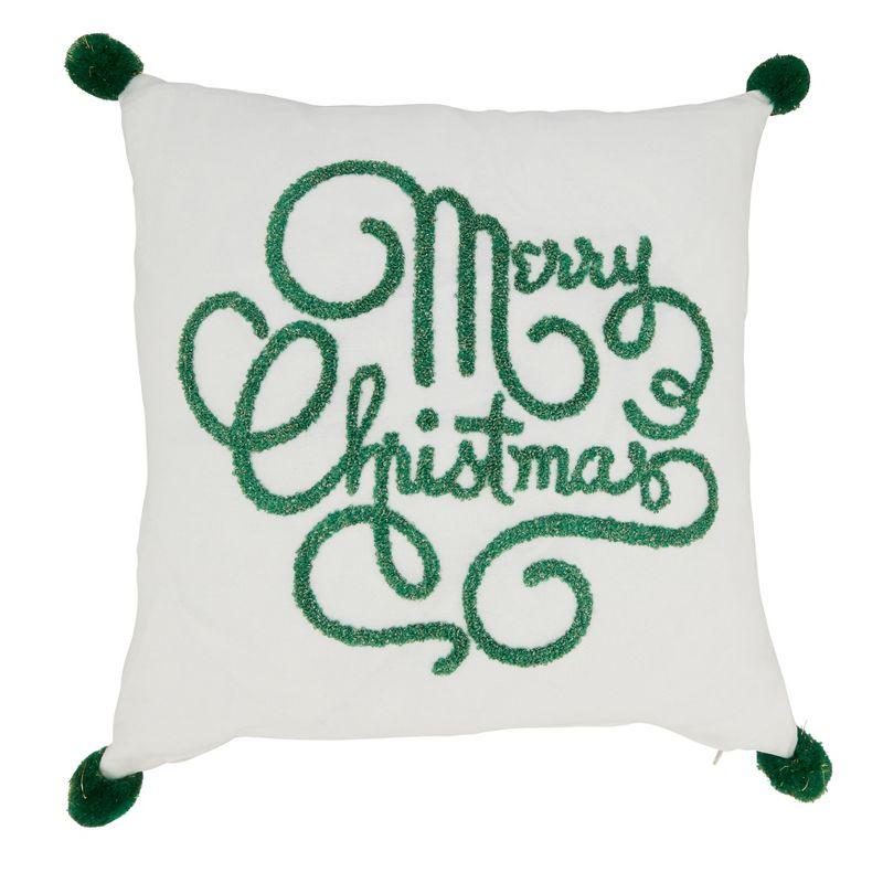 Saro Lifestyle Holiday Throw Pillow With Merry Christmas Design and Poly Filling, 12"x12", White