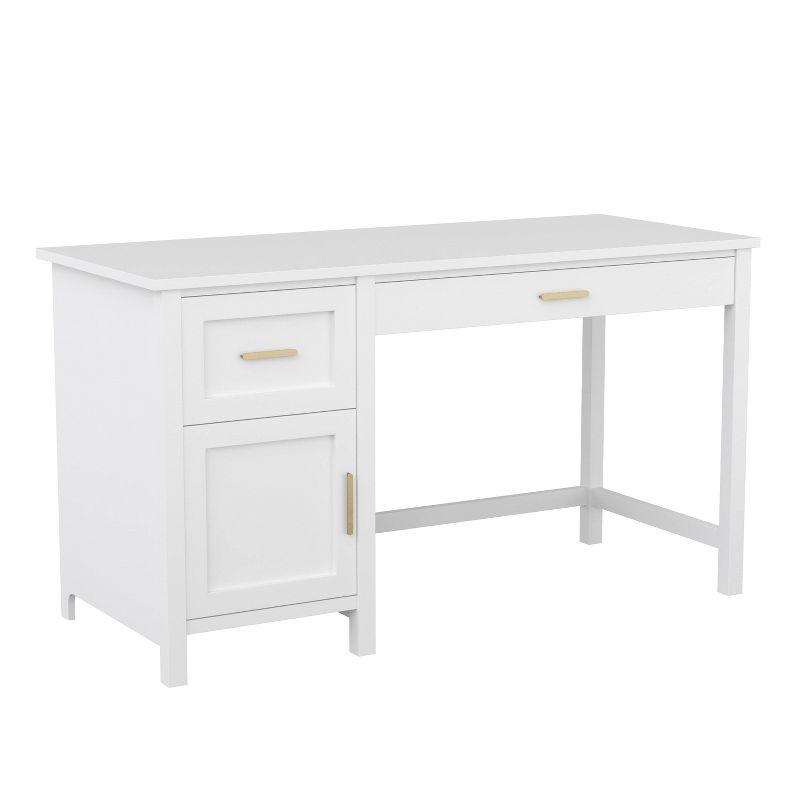 White Wood Home Office Desk with Brass Hardware and Storage