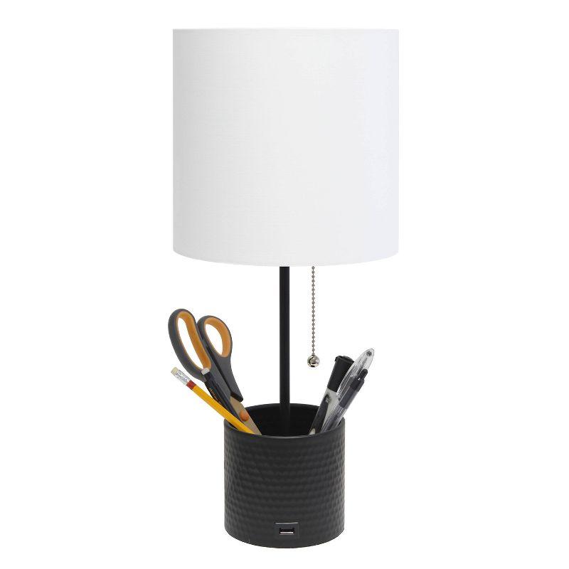 Hammered Metal Organizer Table Lamp with USB Charging Port and Fabric Shade - Simple Designs