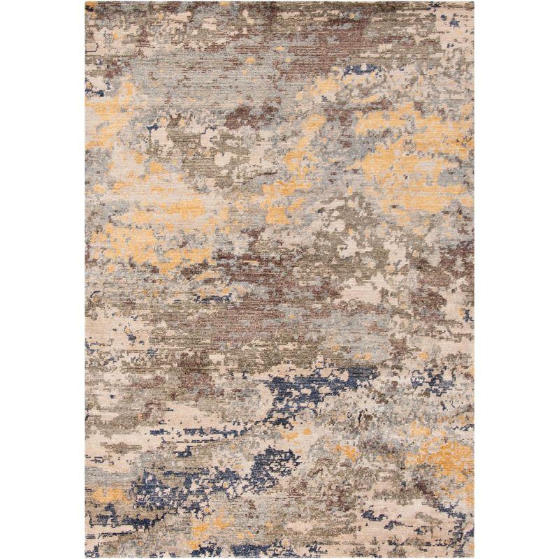 Gray and Gold Hand-Knotted Abstract Wool Rug, 6' x 9'