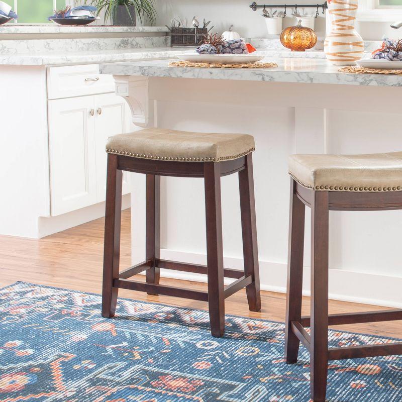 Beige Faux Leather Saddle Counter Stool with Wood Frame