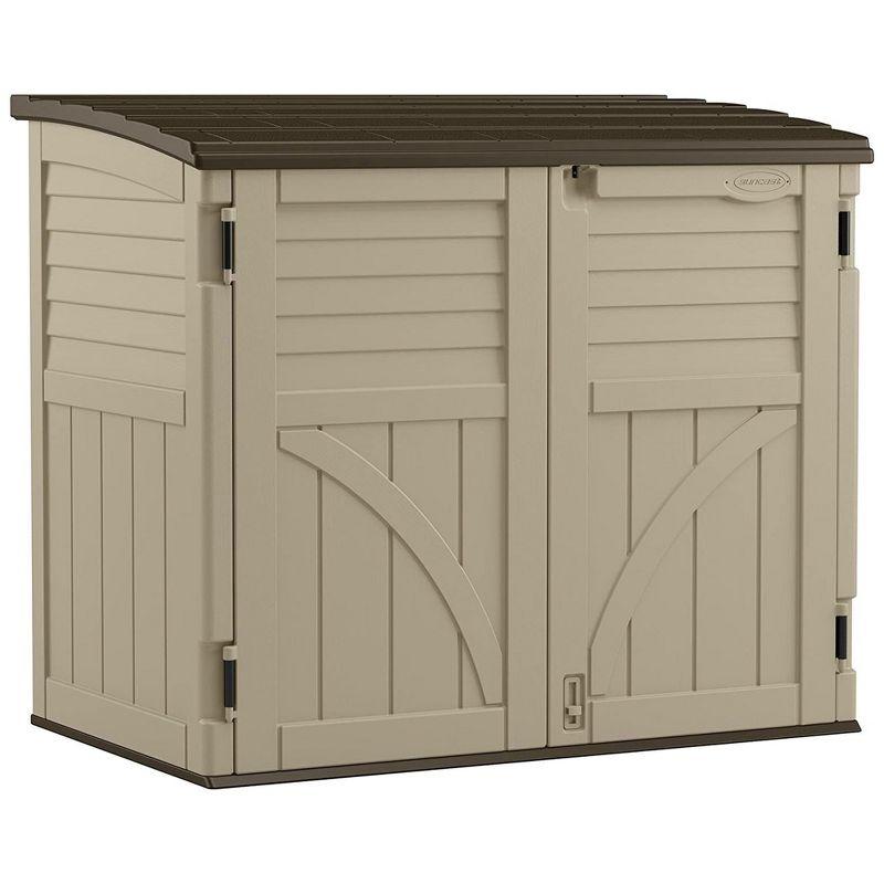 Suncast 34-Cubic Feet Durable All-Weather UV-Resistant Lockable Horizontal Compact Storage Shed for Garden, Backyard, Patio, and Pool Supplies, Brown