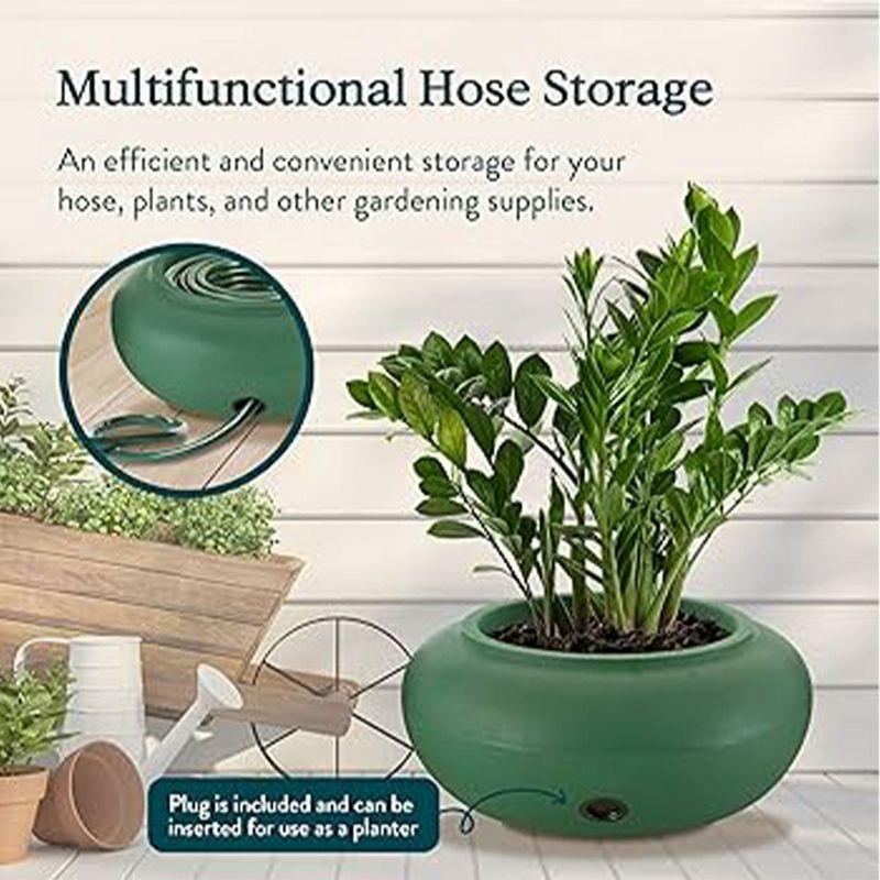 HC Companies Versatile 21 Inch Round Natural Decorative Plastic Outdoor Garden Hose Storage Pot with Side Hole for Faucet Connection