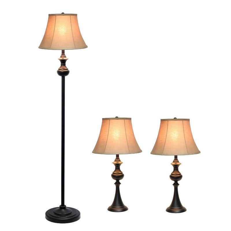 3pk Crafted Lamp Set (2 Table Lamps and 1 Floor Lamp) with Shades Restoration Bronze - Elegant Designs: UL Listed, Cotton Shades