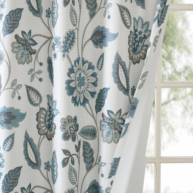 Aqua Floral Jacquard Room Darkening Grommet Curtains