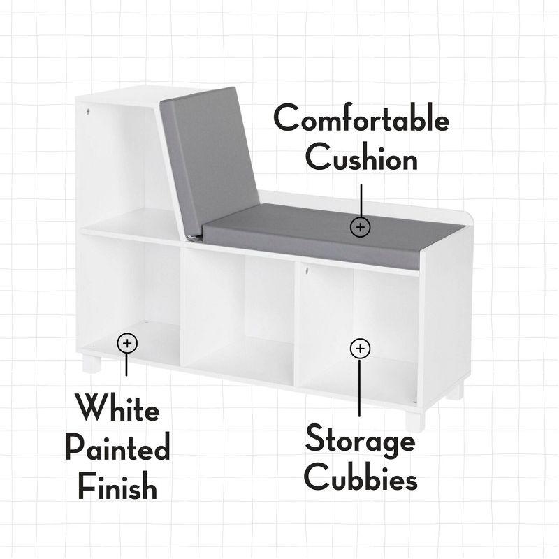 RiverRidge Home RiverRidge Kids Reading Book Nook Cushioned Toy Storage Bench with Cubby Organizers and 2 Fabric Bins- White