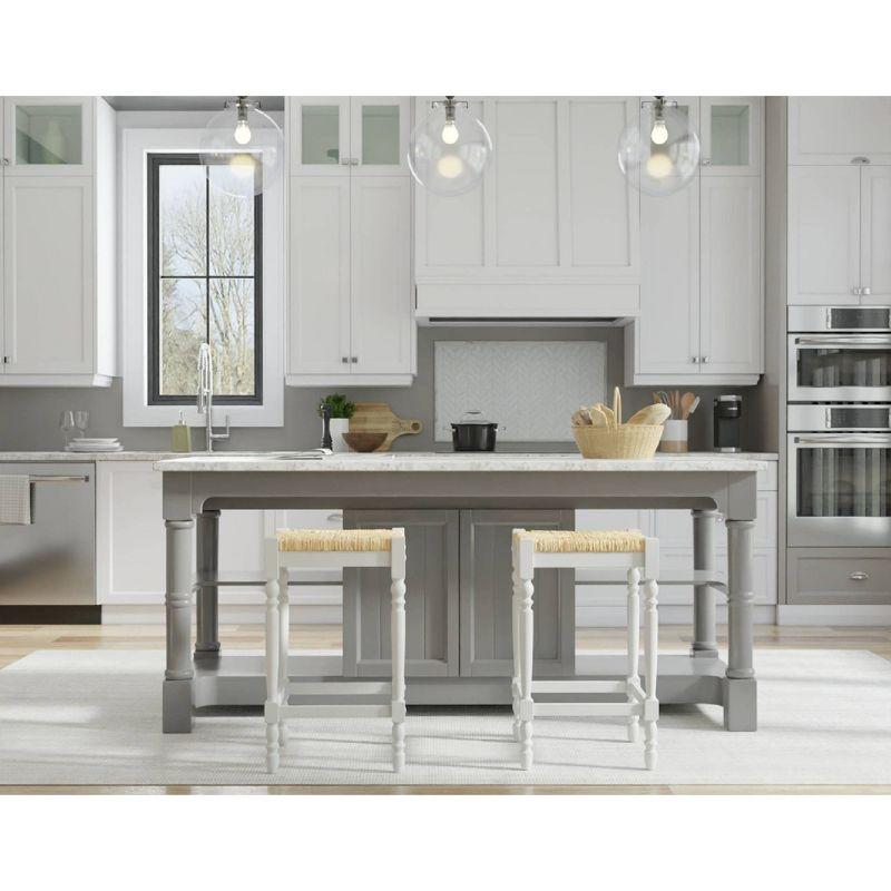 Carolina Cottage Hawthorne 24" Counter Stool with Woven Rush Seat - Vintage Hardwood Legs, Hand Finish Backless Stool (Antique White)