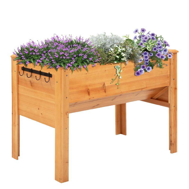 Outsunny 48'' Fir Wood Raised Garden Bed with Tool Hooks, Elevated Planter Box Stand with Unique Funnel Design for Backyard, Patio to Grow Vegetables