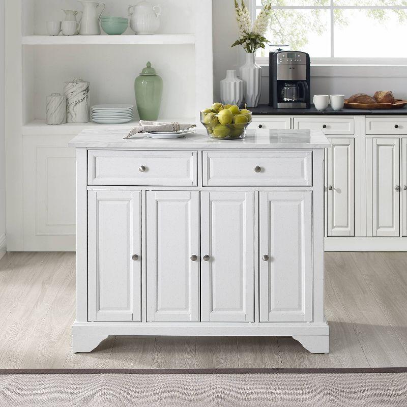 Avery Kitchen Island/Cart Distressed White/White Marble - Crosley: Adjustable Shelves, Particle Board Frame, 6 Shelves, 2 Drawers