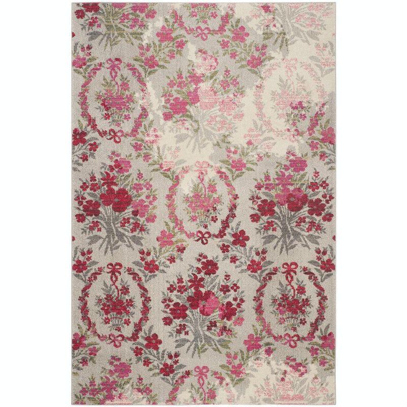 Ivory and Pink Floral Synthetic Rectangular Area Rug