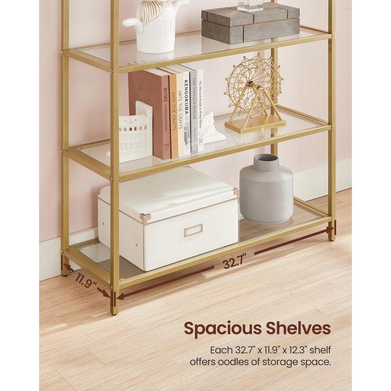 VASAGLE 5-Tier Bookshelf, 32.7 x 72.2inch, Display Storage Shelf, Tempered Glass Shelving Unit with Metal Frame, for Bedroom, Living Room, Gold