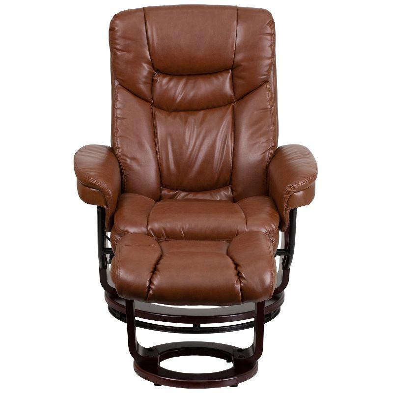 Brown Leather Swivel Recliner with Ottoman and Wood Base