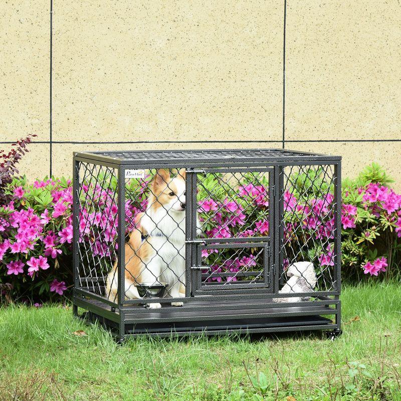 PawHut 42.5" Heavy Duty Dog Crate Metal Kennel and Cage Dog Playpen with Lockable Wheels, Slide-out Tray, Food Bowl and Double Doors