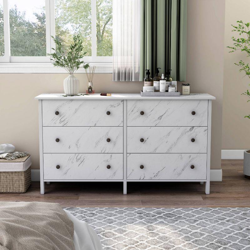 Fichte Transitional 6 Drawer Faux Marble Dresser White Marble - miBasics: Bedroom Storage, Elegant Design