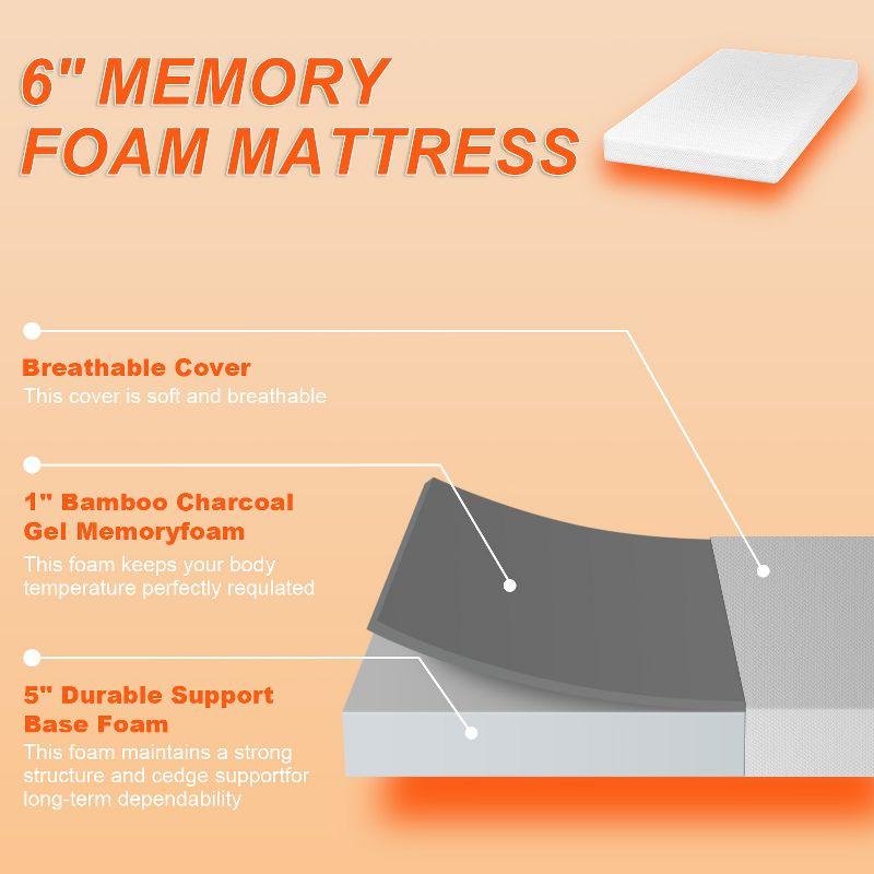 Twin 6" White Gel Memory Foam Mattress with Bamboo Charcoal