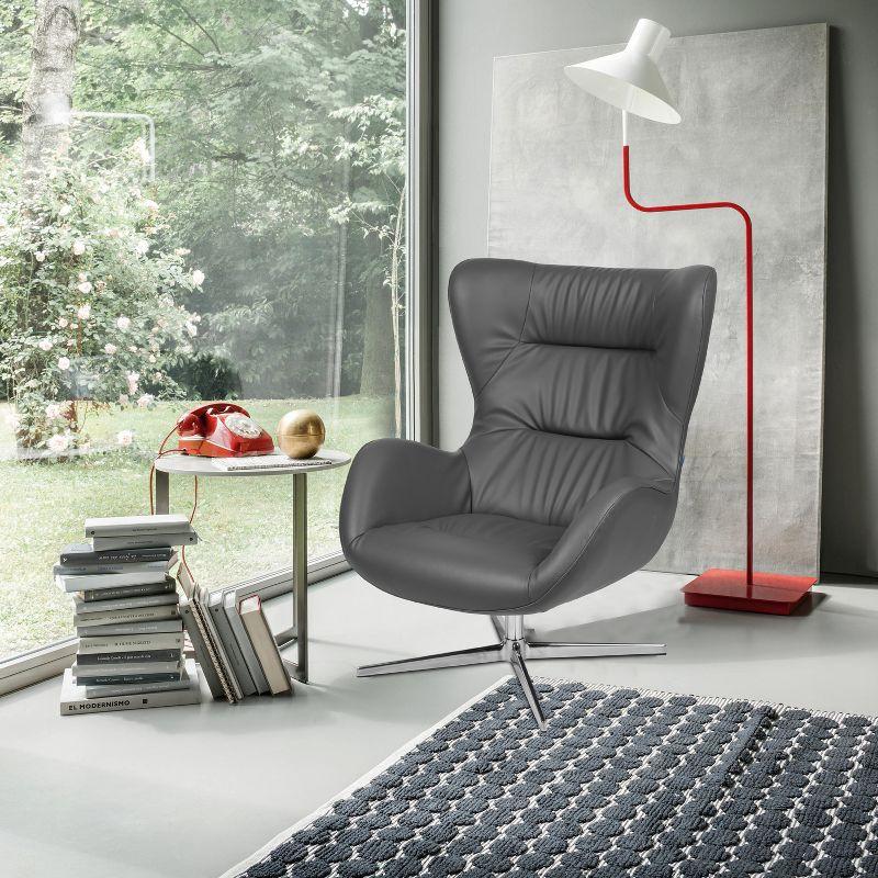 Gray LeatherSoft Retro Swivel Wing Accent Chair with Aluminum Base