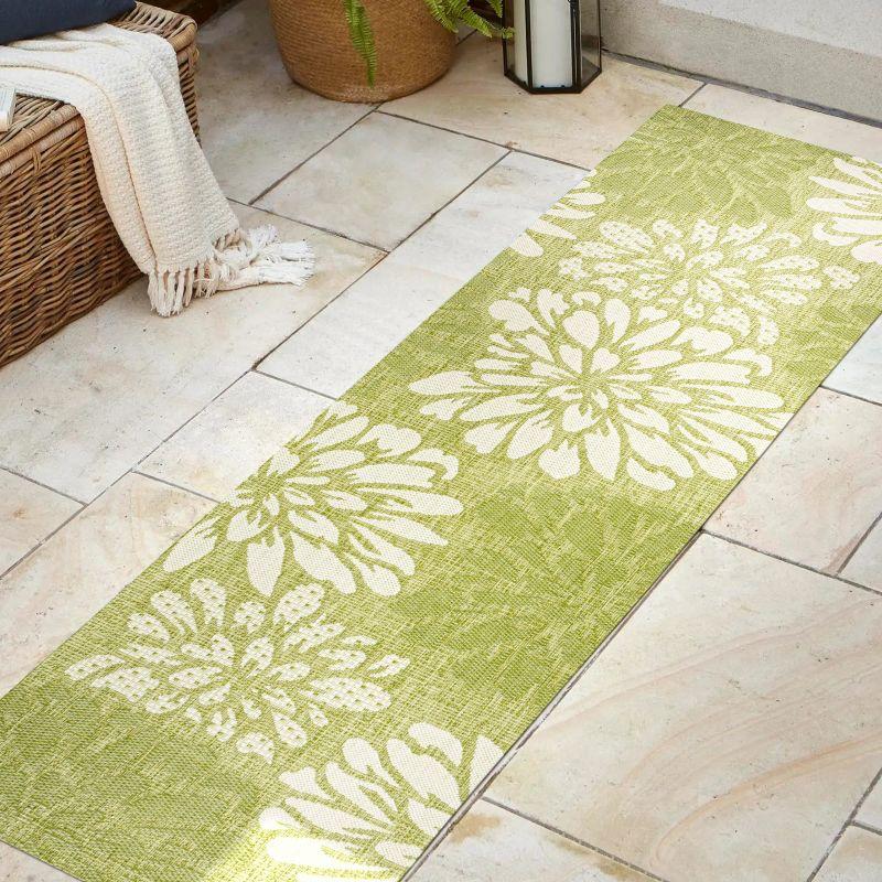 2' x 10' Zinnia Modern Floral Textured Weave Indoor/Outdoor Runner Rug, Green/Cream - JONATHAN Y
