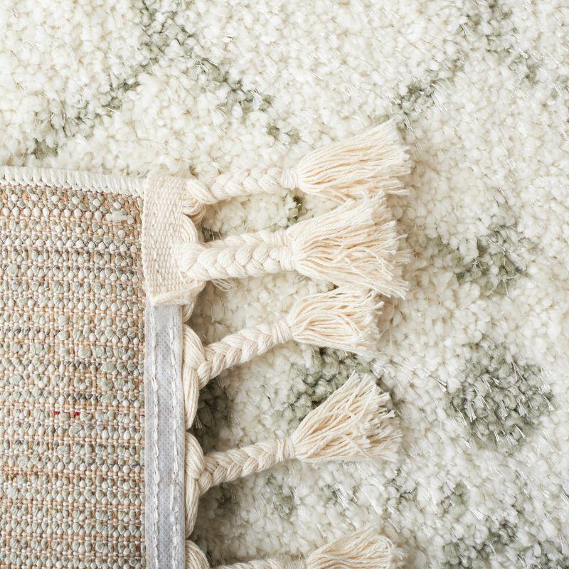 Ivory and Sage Hand-Knotted Shag Area Rug with Fringe