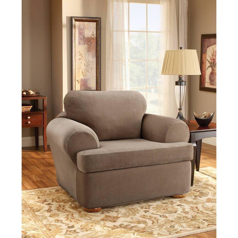 3pc Stretch Pique T Cushion Chair Slipcovers Taupe - Sure Fit: Polyester & Spandex, Machine Washable, Zipper Closure