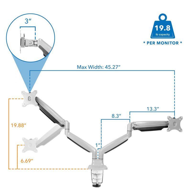 Mount-It! Dual Monitor Arm Mount Desk Stand Two Articulating Gas Spring Height Adjustable Arms | Fits Up To 32" | C-Clamp and Grommet Bases | Silver