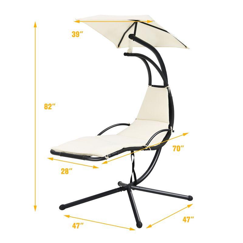 Beige Steel Hanging Chaise Lounge Chair with Cushions and Canopy