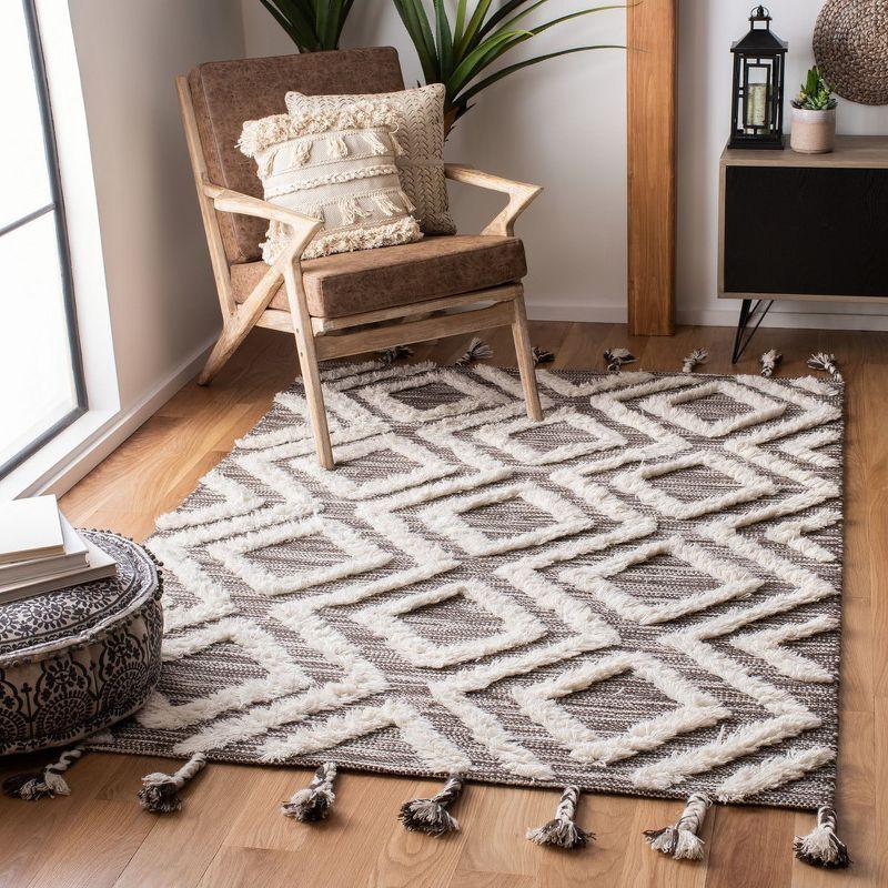 Hand-Knotted Brown and Ivory Wool Geometric Runner Rug