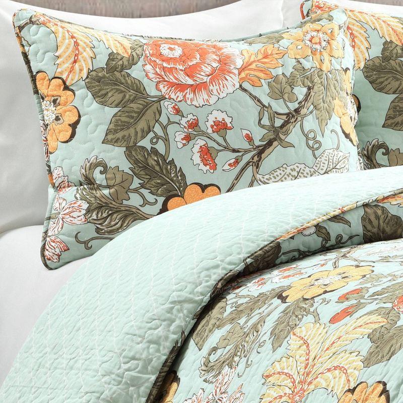 King Blue Green Cotton Reversible Floral Quilt Set